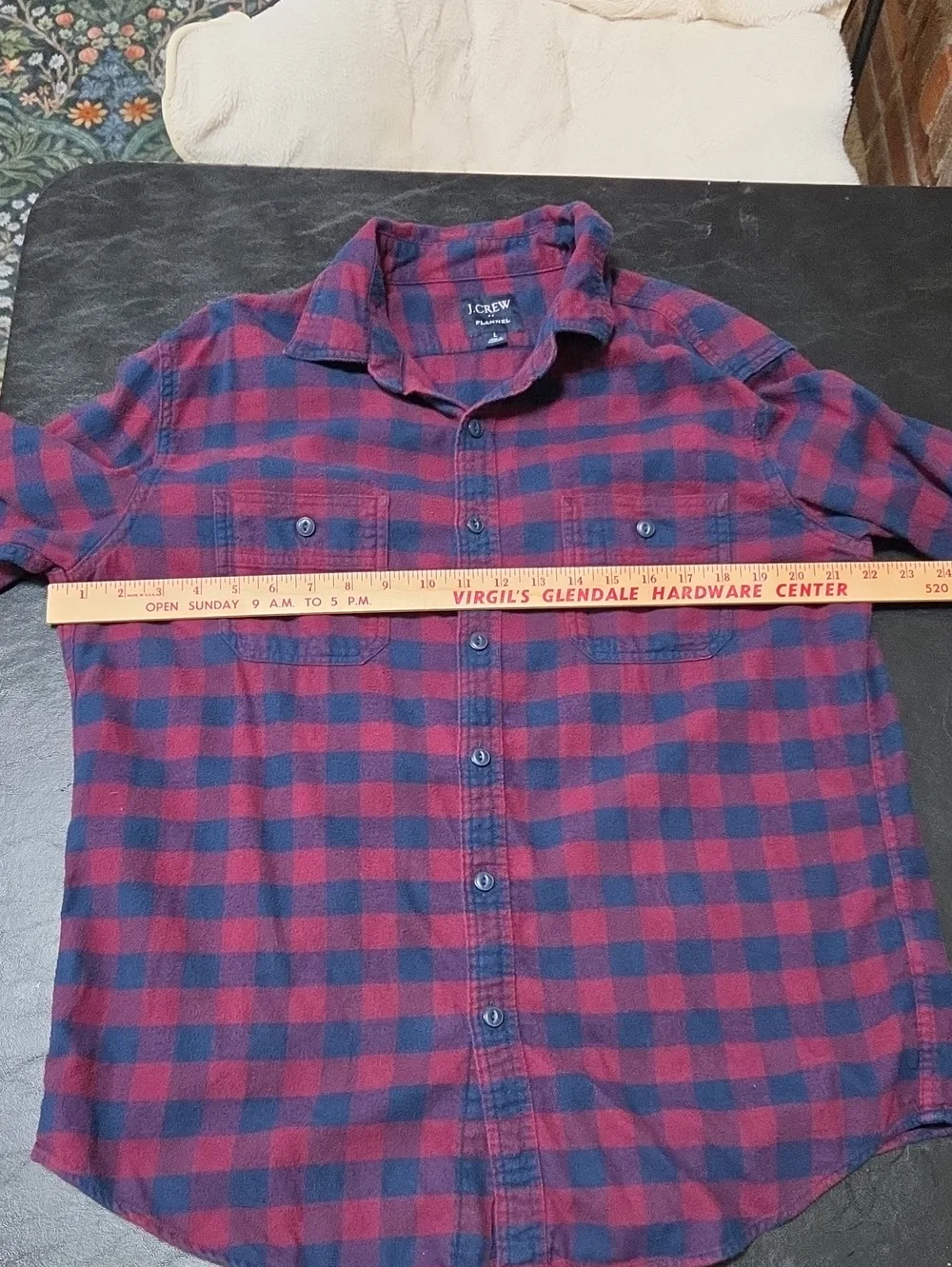 J. Crew Mens Flannel Shirt Large Buffalo Plaid Button Down Navy Burgundy Cotton